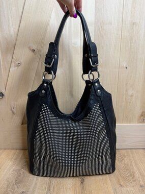Maurizio Taiuti Black Studded Leather Shoulder Bag Red Lining Made In Italy Boho
